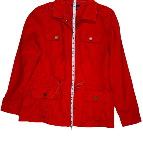 Tommy Hilfiger Bright Red Utility Jacket. Drawstring snap buttons. 4 pockets - Picture 2 of 11